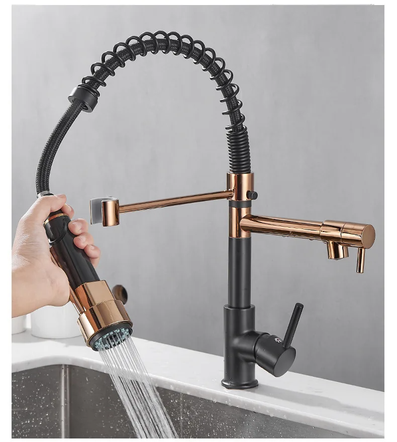 Robinet d'évier de cuisine extractible à ressort doré noir et Rose