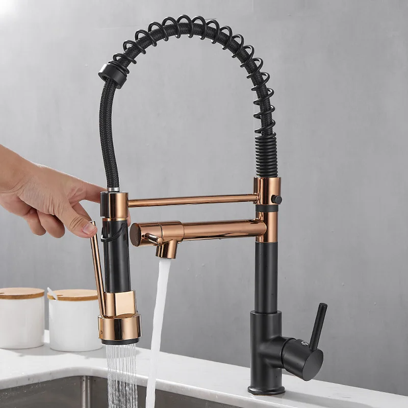 Robinet d'évier de cuisine extractible à ressort doré noir et Rose