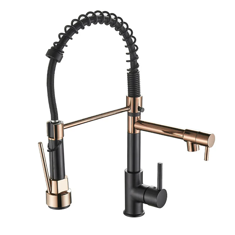 Robinet d'évier de cuisine extractible à ressort doré noir et Rose