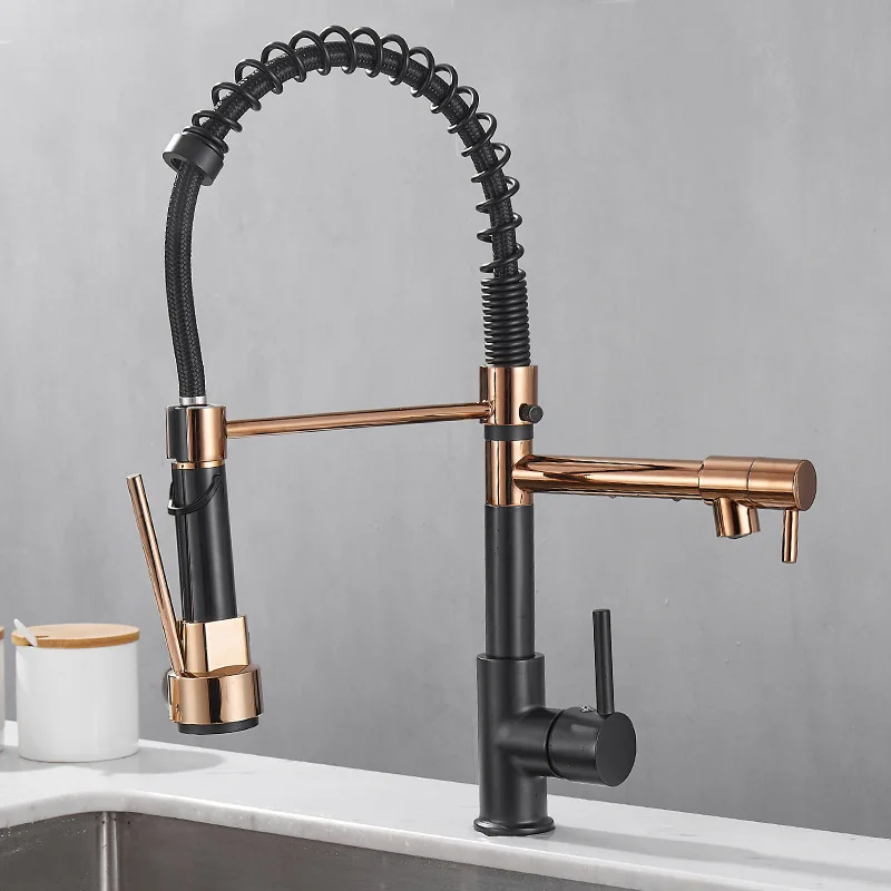 Robinet d'évier de cuisine extractible à ressort doré noir et Rose
